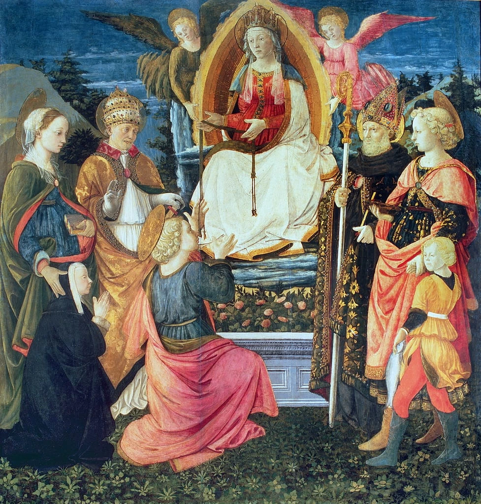 Madonna della Cintola. La Madonna assunta che dona la cintola a san Tommaso, tra san Gregorio, santa Margherita, sant'Agostino, l'angelo Raffaele e Tobiolo - Museo di Palazzo Pretorio, Prato